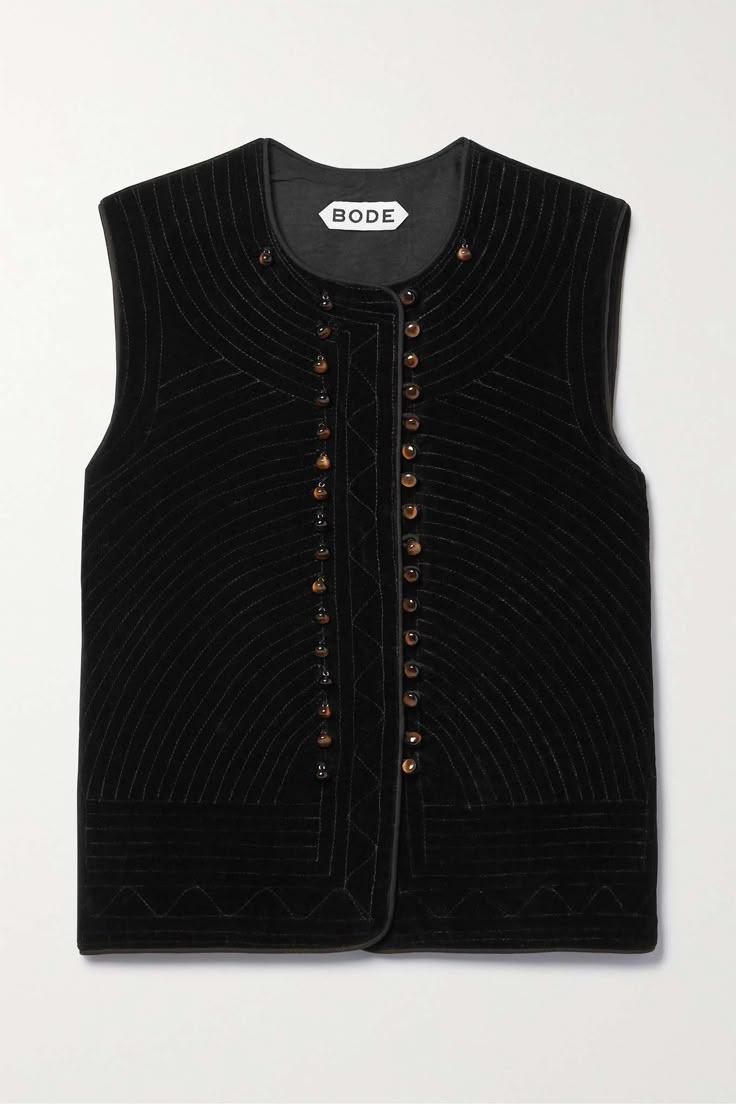 Black quilted BODE vest with decorative stitching